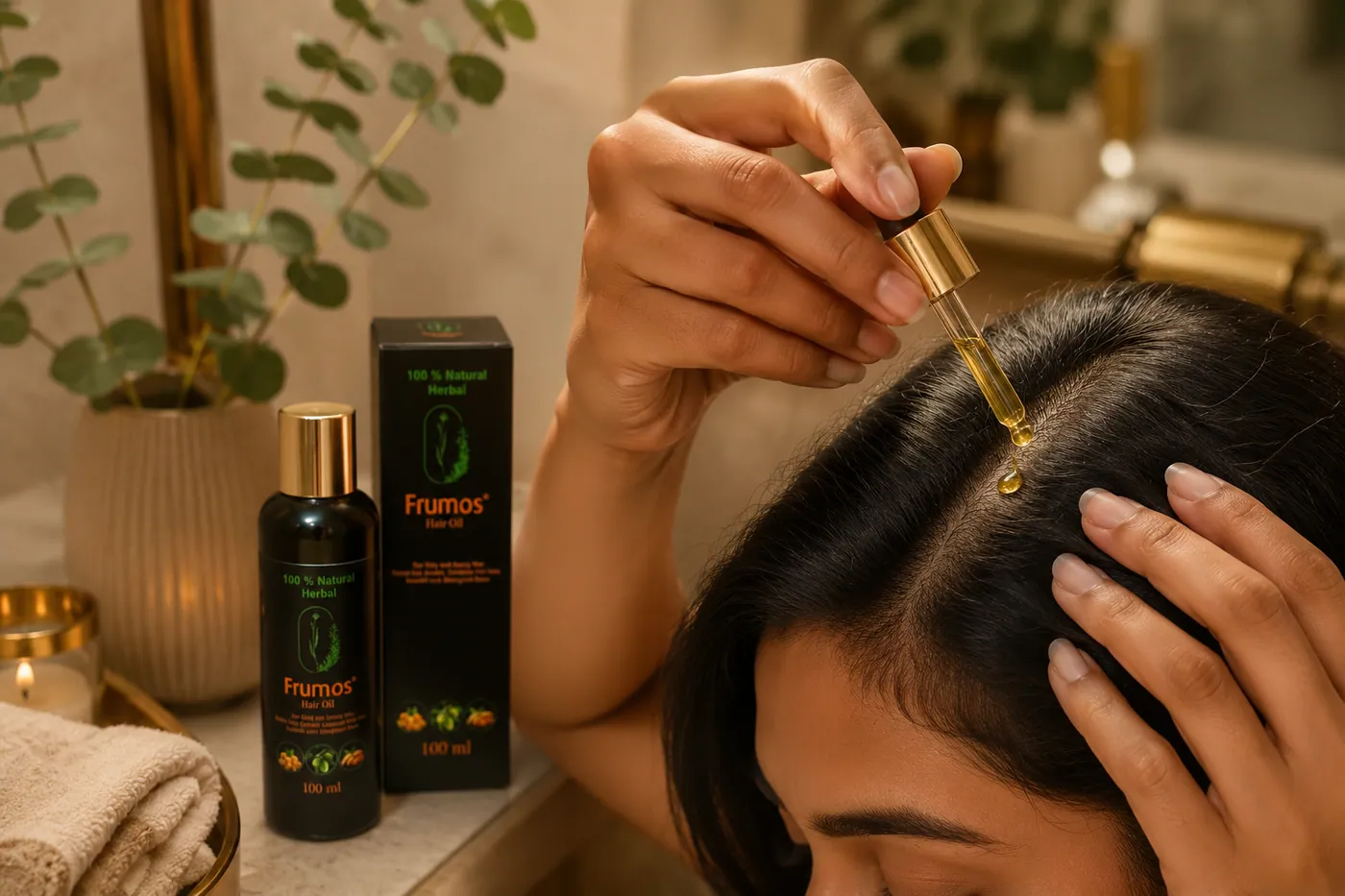 A woman massaging Frumos Hair Oil into her scalp with the dropper