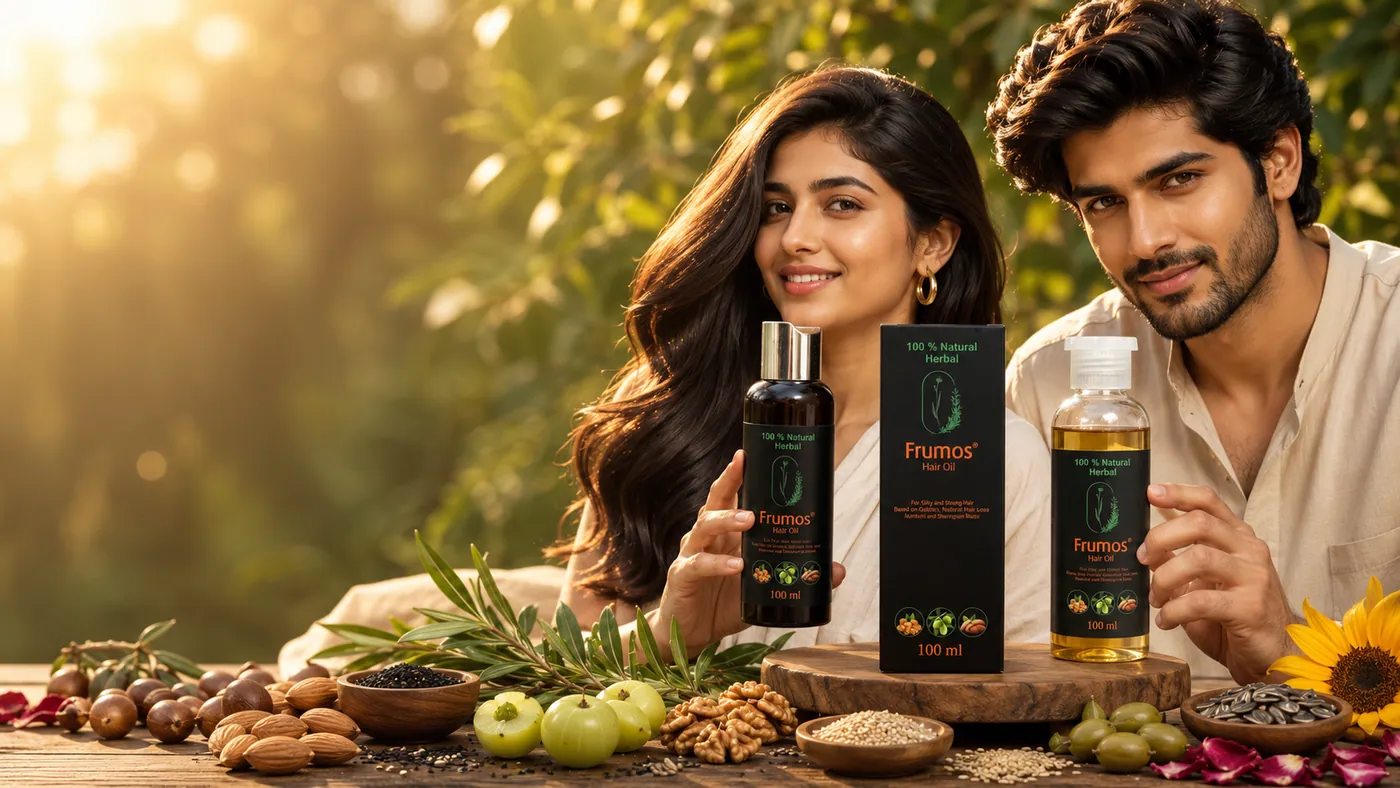 A young couple with healthy, glossy hair holding Frumos Natural Hair Oil