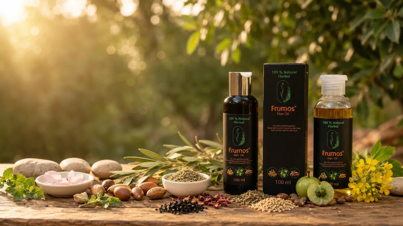 Frumos Hair Oil with botanical ingredients in a sunlit orchard