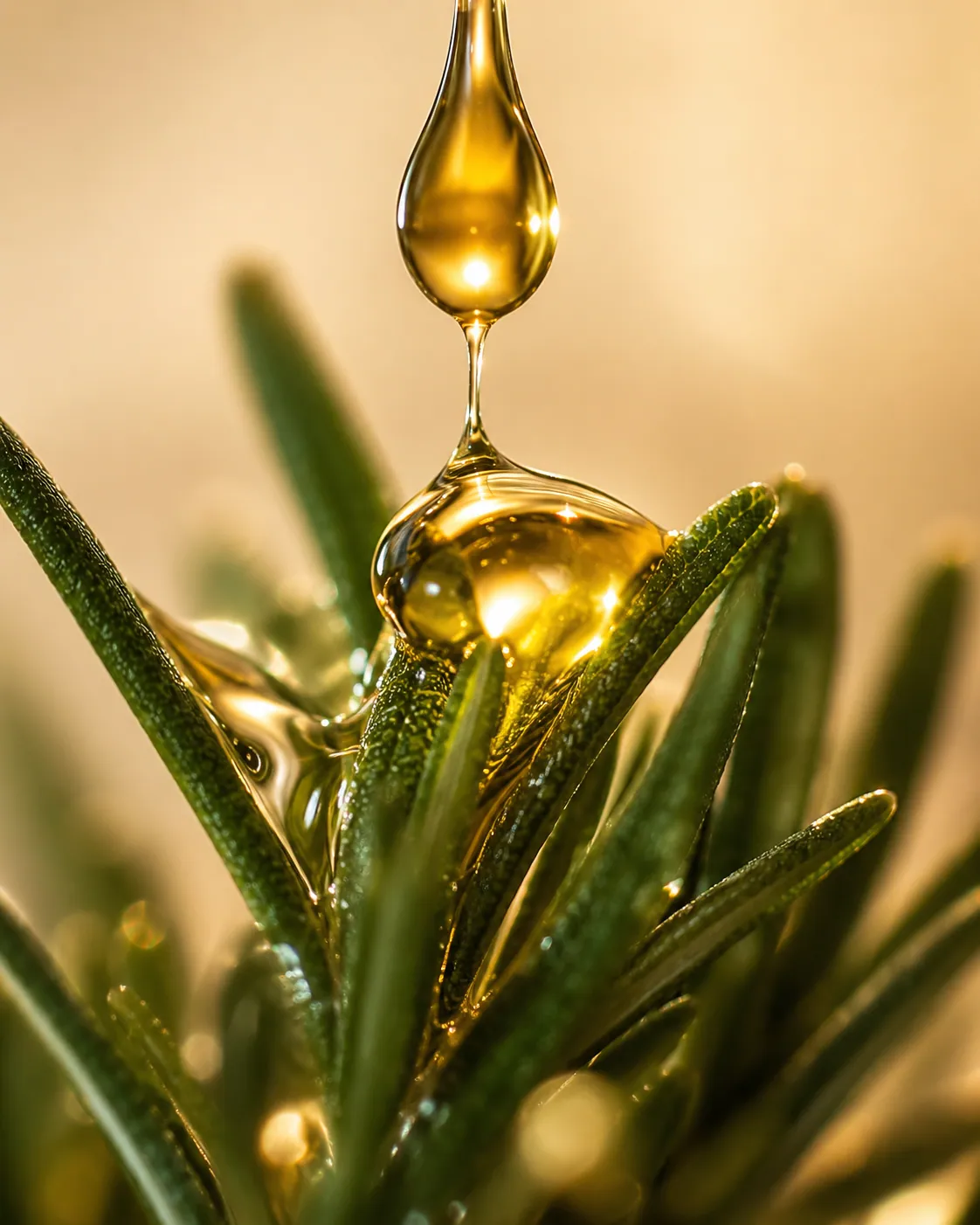 A golden drop of Frumos Hair Oil falling onto fresh rosemary